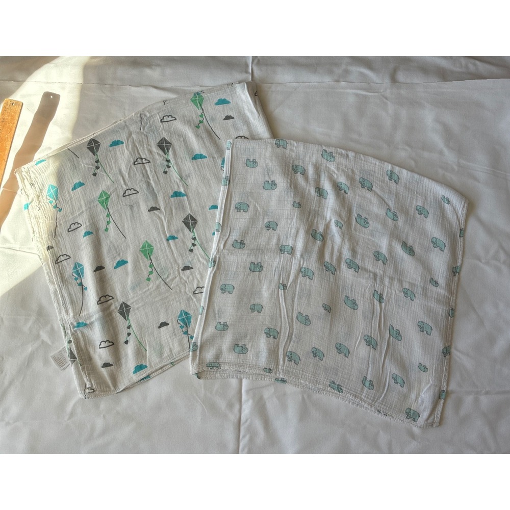 Muslin Swaddle Blankets Set of 2 Baby OS White Blue Kites Elephants